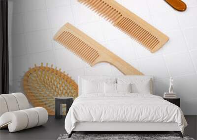 Wooden combs for gentle hair care. Ecological products. Wall mural