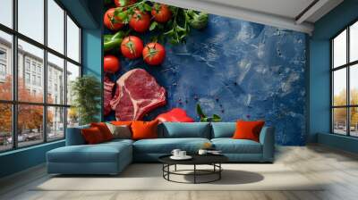 Freshly Prepared Ingredients for Delicious Home Cooked Meal With Vegetables and Meat on Dark Blue Surface Wall mural