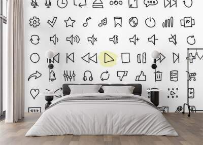 Set of black vector doodle icons, isolated against white background. Flat illustration on a theme audio and video player buttons. Line, outline, stroke Wall mural