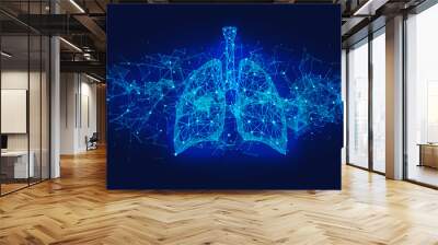 Futuristic medical concept with blue human lungs. Abstract geometric design with plexus effect on dark background. Healthcare and pulmonology banner with copy space. Wall mural