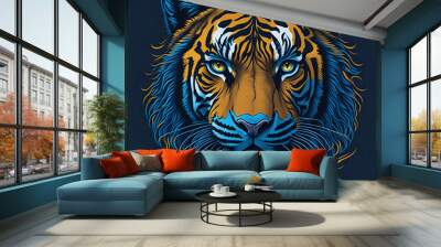 T-shirt design with realistic tiger portrait. Colorful print design of tiger head on dark background. AI generated illustration Wall mural