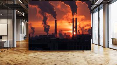 Smoke from heating station in big city during winter season at sunset. Smokestack pipes emitting co2 from coal thermal power plant into atmosphere. Air pollution and emission ecology problem concept Wall mural