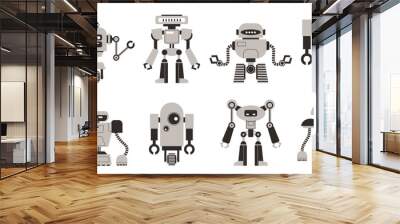 Set of simple black and white robots, security, cleaning. Artificial inteligence and cyborg. Cartoon illustration isolated background. Wall mural