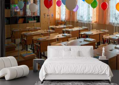 01.09.2015, Maloyaroslavets, Russia. classroom decorated for September 1st: colorful balloons over the desks, blur and grain effect. Wall mural