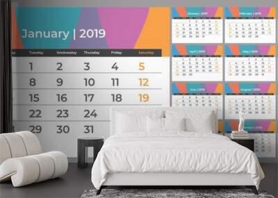 2019 new year calendar in clean minimal table simple style. Eps 10 Wall mural