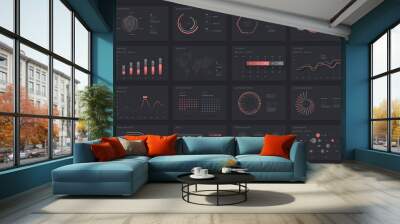 Big set of infographics on a dark background. Use in presentation templates, mobile app and corporate report. Dashboard UI with big data visualization. Wall mural