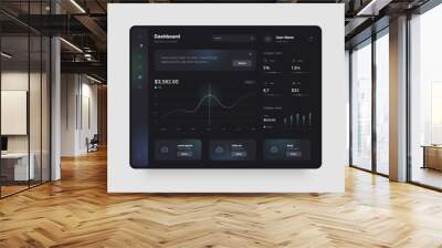 Dashboard design in dark colors. App interface with UI and UX elements. Use design for web application, desktop or mobile app. Wall mural