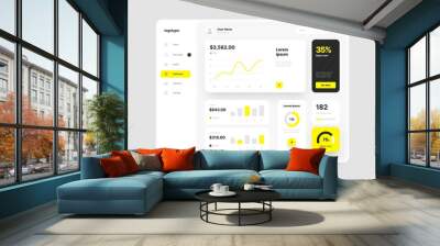 Dashboard design in yellow color. App interface with UI and UX elements. Use design for web application, desktop or mobile app. Wall mural