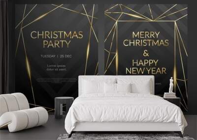 Luxury christmas party poster template with gold frame and black background. Invitation template. Geometric shape. Wall mural