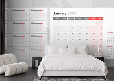 Monthly calendar template for 2023 year. Week Starts on Monday. Wall calendar in a minimalist style.  Wall mural