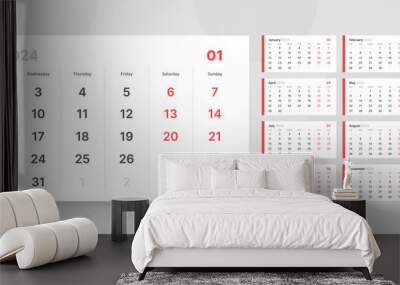 Monthly calendar template for 2024 year. Week Starts on Monday. Desk calendar in a minimalist style.  Wall mural