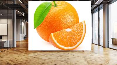 ripe orange with a leaf and a slice sliced isolated on a white background Wall mural