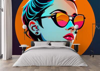 Cyberpunk science fiction poster. Colorful vector illustration of beautiful girl in sunglasses on bright background. Wall mural