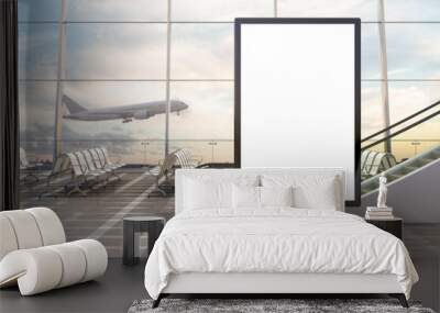 Airport departure lounge. Blank billboard stand and airplane on background. Wall mural