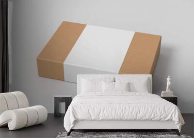 Flat box mock up with blank paper cover label: cardboard gift box on white background. Wall mural