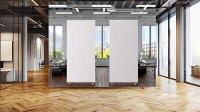 Two blank roll up banner stands in white brick office interior. 3d illustration Wall mural