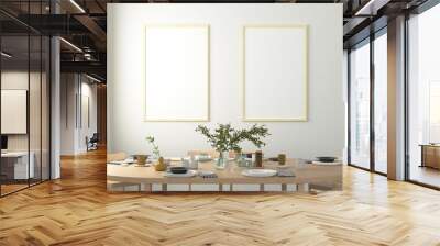 Two vertical blank posters on white wall in interior of modern dining room. Clipping path around poster. 3d illustration Wall mural