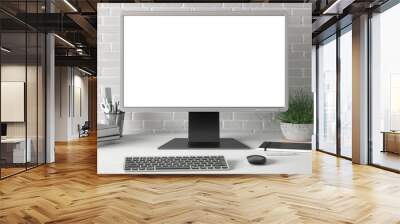 Workspace with blank computer monitor white screen mock up on the white desk near white brick wall. monitor; screen; computer; mock up; Wall mural