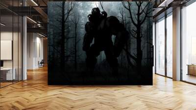 A dark, mysterious landscape with a stone giant among dry, dead trees and bushes. A huge, scary monster with three heads and glowing eyes walks through a creepy, gloomy forest in a thick fog at dusk. Wall mural