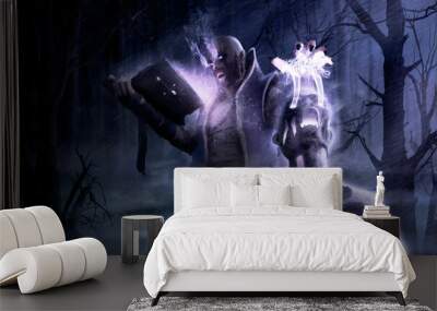 A warlock with a beard in a robe casts dark magic from an ancient book with terrible spells in close-up. A young sorcerer with smoking eyes and fangs revives a dead body at night in a creepy forest. Wall mural