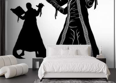 Silhouette of a fantasy character in full growth, without a background. A young wizard, an apprentice of dark magic with sharp teeth in a long sleeveless robe with a book in his hand, 2d illustration. Wall mural