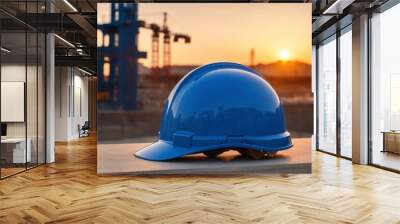 blue hard hat placed on construction site at sunset with construction site background, safety first concept Wall mural