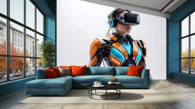 female cyborg robot wearing a vr headset, Beautiful cyborg robot with cybernetic implants wearing virtual reality glasses Wall mural