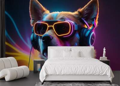 future digital technology, dog having fun playing VR virtual reality glasses, with futuristic neon colorful cyber space background, Wall mural