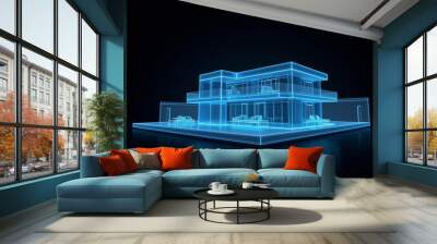 futuristic hologram of luxury villa with neon blue stripes Wall mural