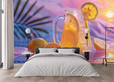 Icy lemonade pitcher with lemon slices Wall mural