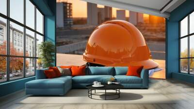 orange hard hat placed on construction site at sunset with construction site background, safety first concept Wall mural