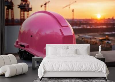 pink hard hat placed on construction site at sunset with construction site background, safety first concept Wall mural