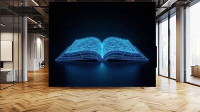 Polygonal blue hologram of open book on dark background. Wall mural