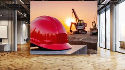 red hard hat placed on construction site at sunset with construction site background, safety first concept Wall mural