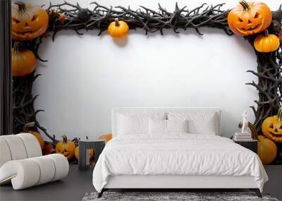 wooden frame with vine thorn roots and scary halloween pumpkins. isolated on white background. Wall mural