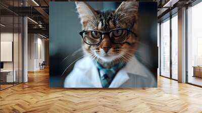 A portrait of anthropomorphic cat wearing glasses and doctor's coat Wall mural