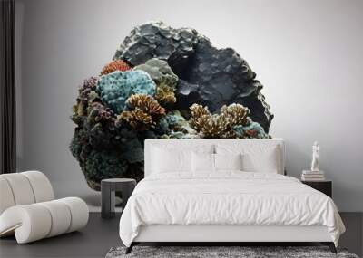 Large black stone overgrown with coral on a white background Wall mural