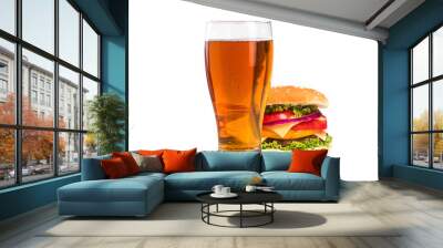 tasty big burger and glass of beer isolated Wall mural