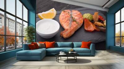 tasty salmon steak fish with grilled vegetables Wall mural