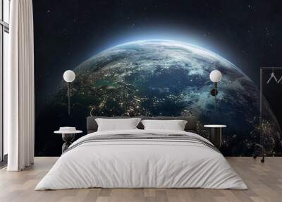 Nightly planet Earth in dark outer space. Civilization. Elements of this image furnished by NASA Wall mural