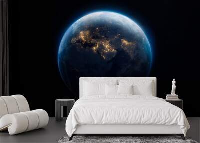 Sphere of Earth planet at night isolated on dark black background. Surface of Earth. Globe. City lights on planet. Life of people. Solar system element. Elements of this image furnished by NASA Wall mural