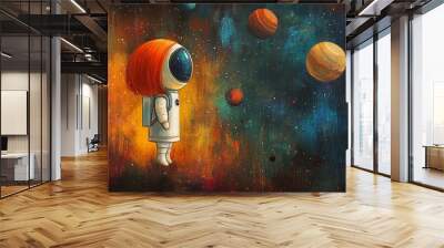 Curious Astronaut Gazing at Colorful Planets in a Vibrant Cosmic Landscape Wall mural