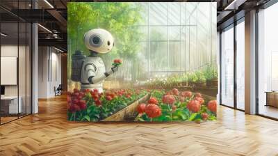 Futuristic Robot Gardener Caring for Flower Garden Wall mural