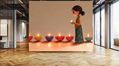 Serene Diwali Ritual: A Young Girl Lighting Candles in a Beautiful Ceremony Wall mural