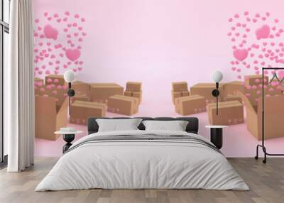 3D rendering of Smartphone white screen surrounded by cardboard box with Many hearts are floating. Concept of Heart and love on a mobile phone and concept valentine day isolated on pink background. Wall mural