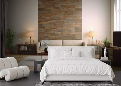 A living room featuring a high ceiling, white walls with stone accents, large windows, and a wood floor, photorealistic illustration, Generative AI Wall mural