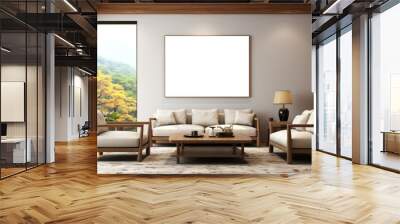 A PNG file displayed as a large mockup on a white wall within a living room boasting a scenic view, providing a spacious and serene backdrop for showcasing designs or artwork. Wall mural