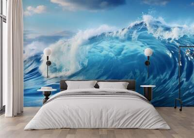 Dynamic ocean waves ripple with energy, showcasing the vibrant hues of clear blue water in a captivating and close-up display of nature's ever-changing aquatic beauty. Wall mural