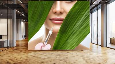 Cosmetologist does injections for lips augmentation and anti wrinkle in the nasolabial folds of a beautiful woman. Women's cosmetology in the beauty salon. Wall mural