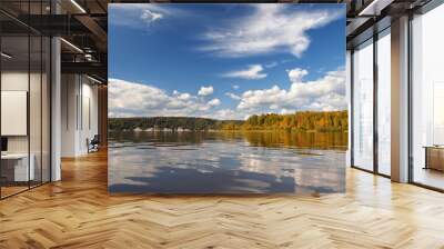 Landscape colorful autumn forest lake river sky clouds Wall mural